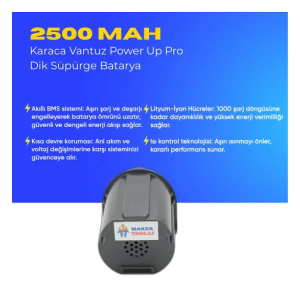 Karaca Vantuz Power Up Pro Dik Süpürge Batarya - Orijinal Kalite, Güçlü Ve Dayanıklı Yedek Pil Hızlı Şarj & Uzun Ömürlü Kullanım - Görsel 3