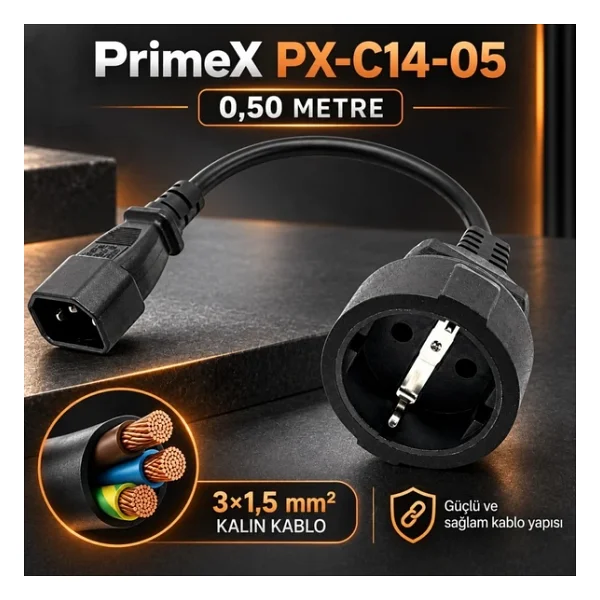 Primex Px-C14-05 Schuko, 0.50 Metre 3X1mm Ups/Psu Schuko Çevirici Kablo, Ups Priz Çevirici 3X1mm Kalın Kablo, Kısa Schuko Kablo (Full Bakır) - Görsel 2