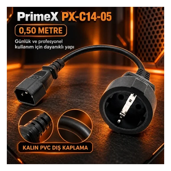 Primex Px-C14-05 Schuko, 0.50 Metre 3X1mm Ups/Psu Schuko Çevirici Kablo, Ups Priz Çevirici 3X1mm Kalın Kablo, Kısa Schuko Kablo (Full Bakır) - Görsel 6