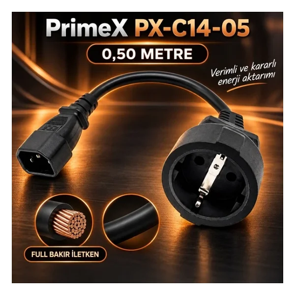 Primex Px-C14-05 Schuko, 0.50 Metre 3X1mm Ups/Psu Schuko Çevirici Kablo, Ups Priz Çevirici 3X1mm Kalın Kablo, Kısa Schuko Kablo (Full Bakır) - Görsel 3