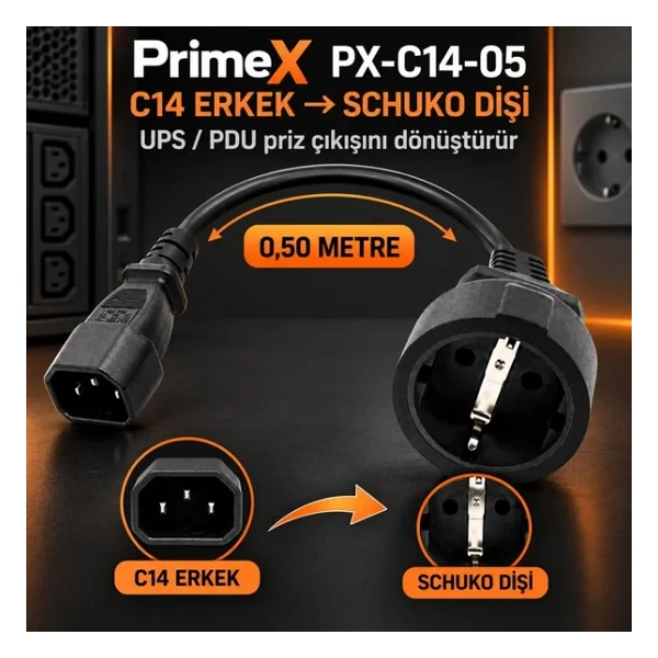 Primex Px-C14-05 Schuko, 0.50 Metre 3X1mm Ups/Psu Schuko Çevirici Kablo, Ups Priz Çevirici 3X1mm Kalın Kablo, Kısa Schuko Kablo (Full Bakır) - Görsel 4