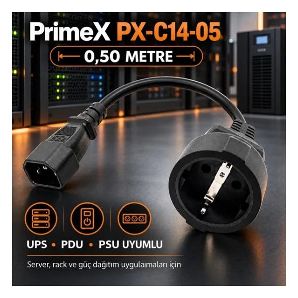 Primex Px-C14-05 Schuko, 0.50 Metre 3X1mm Ups/Psu Schuko Çevirici Kablo, Ups Priz Çevirici 3X1mm Kalın Kablo, Kısa Schuko Kablo (Full Bakır) - Görsel 5