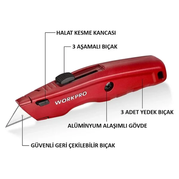 Workpro Wp213017 Alüminyum Rötuş Maket Bıçağı + 3 Adet Yedek Bıçak - Görsel 2