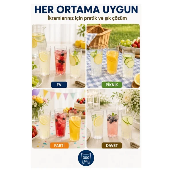 7'li Set Plastik Kokteyl, Meşrubat Bardağı - Parti, Düğün, Davet Ve Organizasyon Bardağı 300 Ml - Görsel 7
