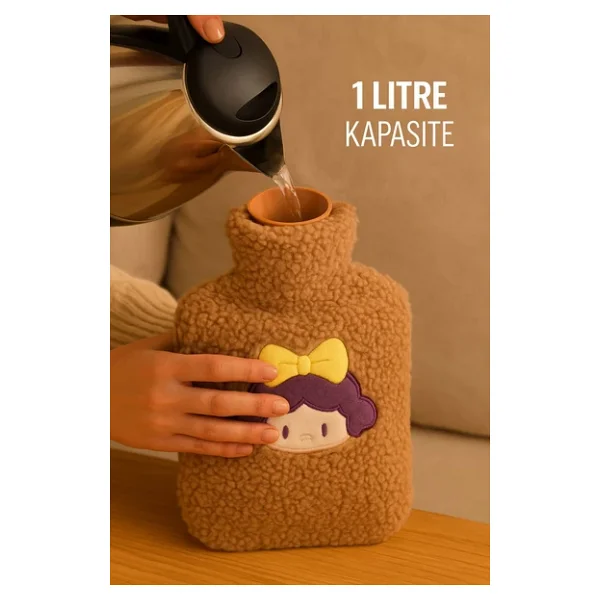 Kahverengi Peluş Sıcak Su Torbası - Yumuşak, Güvenli Ve Şık Saçlı Kız Model, 1 Litre - Görsel 4