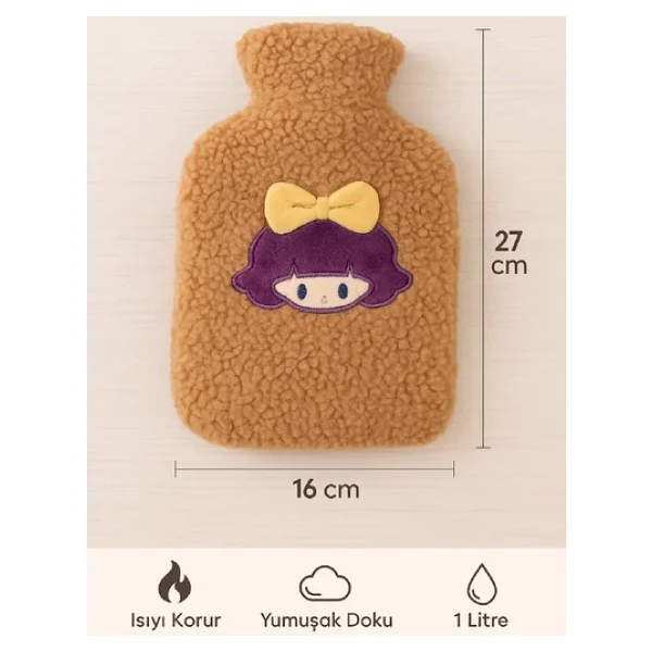 Kahverengi Peluş Sıcak Su Torbası - Yumuşak, Güvenli Ve Şık Saçlı Kız Model, 1 Litre - Görsel 7
