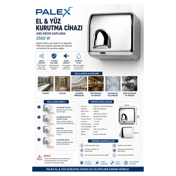 Palex El Yüz Kurutma Cihazı 2500 Watt Abs Krom Kaplama - Görsel 4