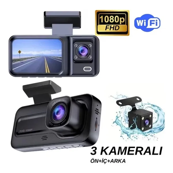 A-98 Wi-Fi Full HD 3 Kameralı Araç Içi Güvenlik Kamerası + Park Modu Kablosu Ön-Arka-Iç Kayıt,Dashcam - Görsel 6