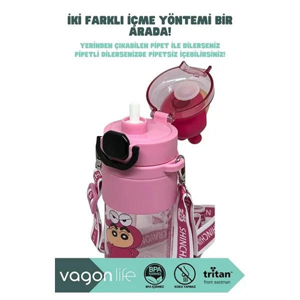 Vagonlife Vgn10016 Pembe 500 Ml Askılı Pipetli Matara - Görsel 5