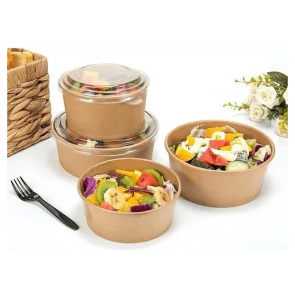 Omeyva Yuvarlak Şeffaf Kapaklı Kağıt Karton Kraft Salata Yemek Kabı Kase- 20 Oz - 590 Ml. - 10 Adet - Görsel 6
