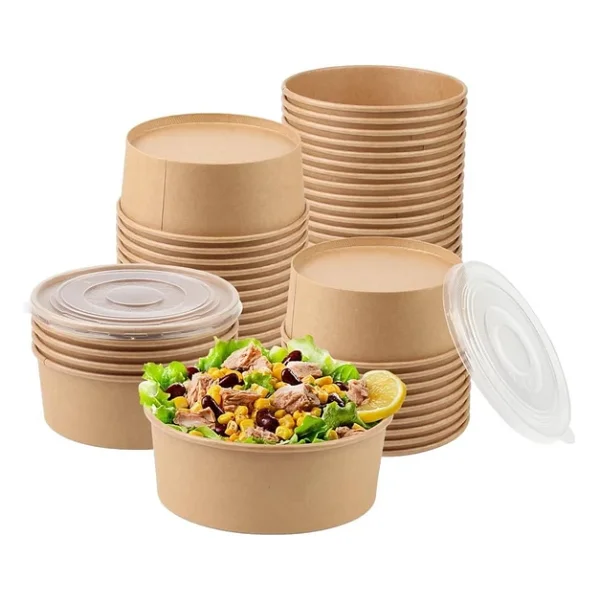 Omeyva Yuvarlak Şeffaf Kapaklı Kağıt Karton Kraft Salata Yemek Kabı Kase- 20 Oz - 590 Ml. - 10 Adet - Görsel 4