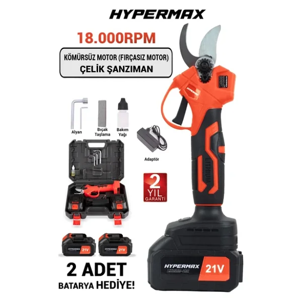 Hypermax Çift Akülü Çelik Şanzuman Göstergeli Şarjlı Dal Ağaç Kesme Bağ Budama Makası - Görsel 6