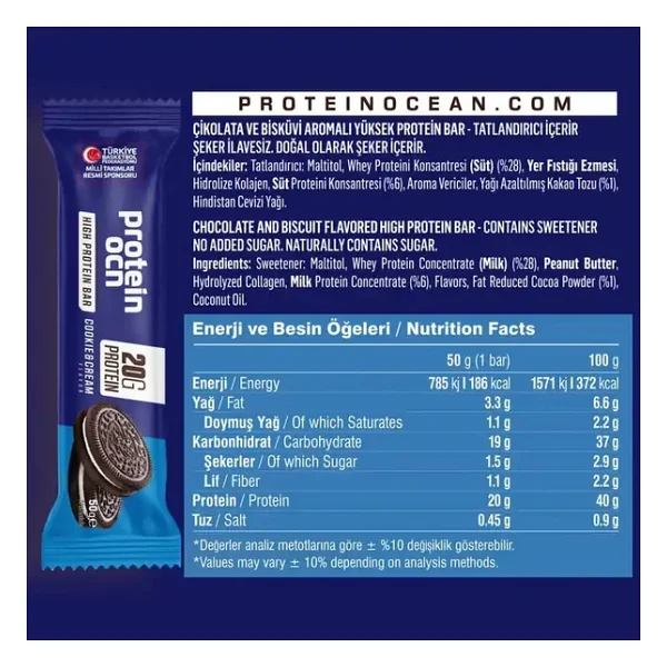 Proteinocean Kakaolu Bisküvi Ve Krema Aromalı Yüksek Protein Bar 50 G (2 Adet) - Görsel 5