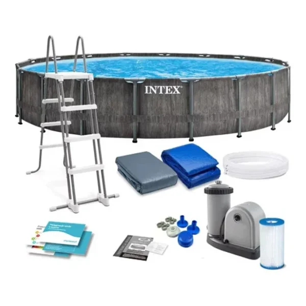 İntex 26744np Greywood Yuvarlak Prefabrik Aile Havuzu 549x122cm Filtre+Merdiven+Örtü Set - Görsel 5