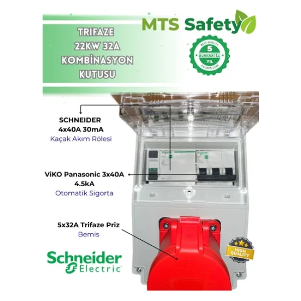 Mtsevcharger 22 Kw 5x32 Trifaze Schneıder Elektrikli Araç Şarj Cihazı Kombinasyon Kutusu Kaçak Akım Roleli - Görsel 2