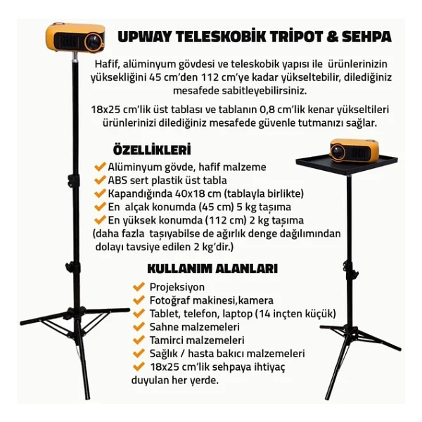 Upway Çok Amaçlı Teleskobik Sahne, Projeksiyon Ve Tablet Standı - 112 Cm Teleskobik Tripot - Görsel 5