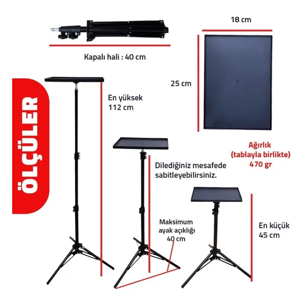 Upway Çok Amaçlı Teleskobik Sahne, Projeksiyon Ve Tablet Standı - 112 Cm Teleskobik Tripot - Görsel 7