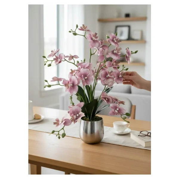 Yapay Çiçek Pudra 9 Dallı Islak Orkide Gümüş Metal Saksıda Saksıda Orkide 60cm - Görsel 3