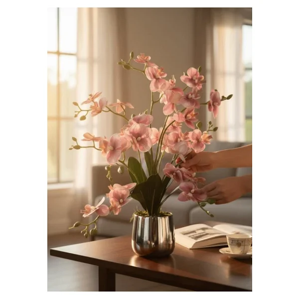 Yapay Çiçek Pudra 9 Dallı Islak Orkide Gümüş Metal Saksıda Saksıda Orkide 60cm - Görsel 8