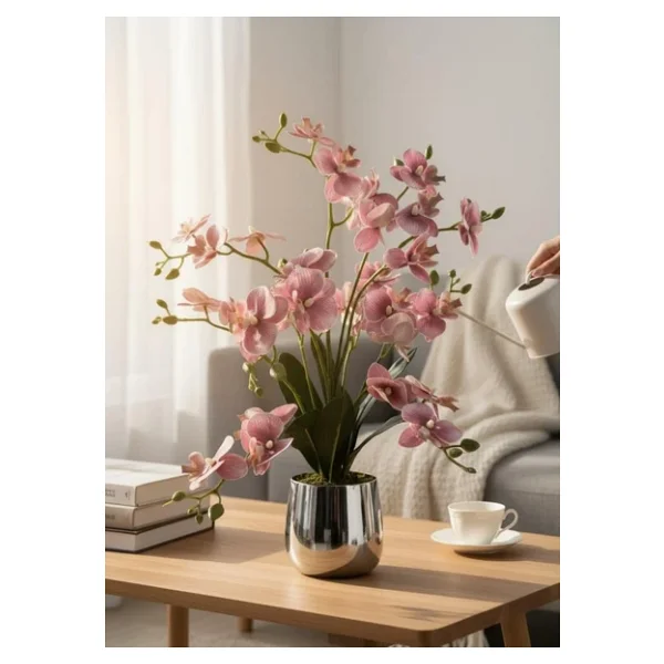 Yapay Çiçek Pudra 9 Dallı Islak Orkide Gümüş Metal Saksıda Saksıda Orkide 60cm - Görsel 7
