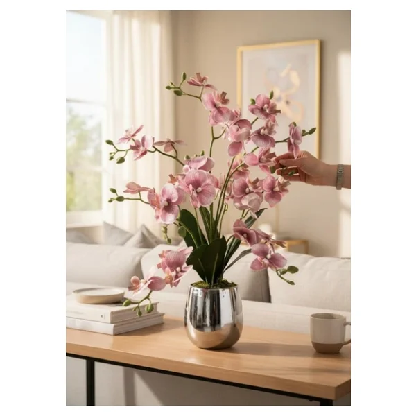 Yapay Çiçek Pudra 9 Dallı Islak Orkide Gümüş Metal Saksıda Saksıda Orkide 60cm - Görsel 4