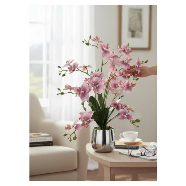 Yapay Çiçek Pudra 9 Dallı Islak Orkide Gümüş Metal Saksıda Saksıda Orkide 60cm - Görsel 6