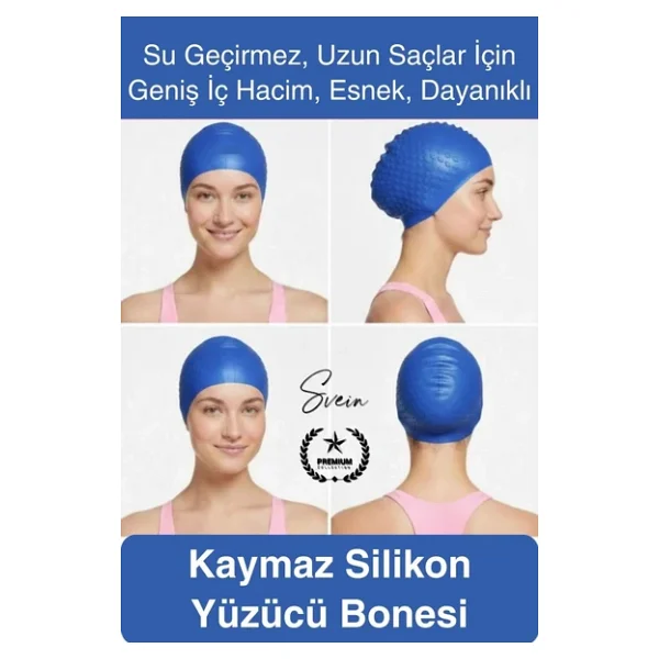 Svein #Bone Su Geçirmez Kaymaz Silikon Yüzücü Bonesi Yüzme Şapkası Uzun Saç Yetişkin Esnek Havuz Deniz - Görsel 3