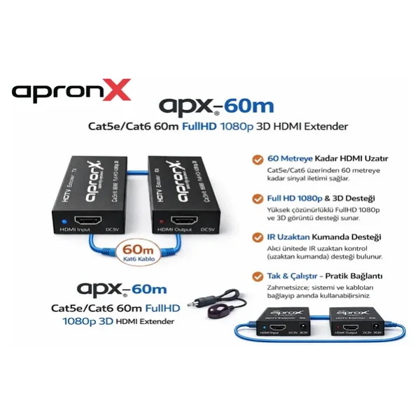 Apronx Cat5e / Cat6 60 Metre Full HD 1080p 3d Hdmi Extender - Görsel 5