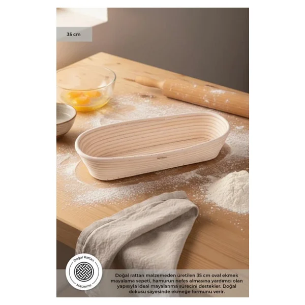 Bambum Puder Oval Ekmek Mayalama Sepeti, 35 Cm, Doğal Rattan - Görsel 5