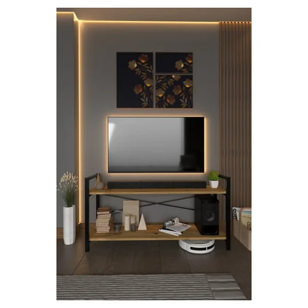 Dıgeruı 2 Metal Raflı Televizyon Sehpası TV Ünitesi TV Sehpası Ceviz - Görsel 2