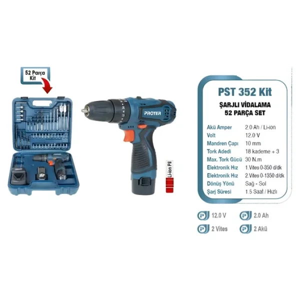 Proter Pst 352 Kit 12 V 2.0 Ah Li-İon Pil 2 Vts Darb.Şarjlı (52 Parça Set) P1ea111 - Görsel 5