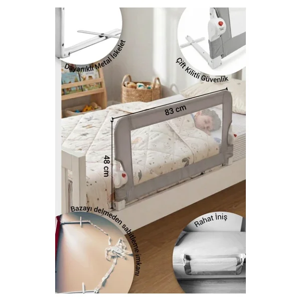 Wellgro Littles 83x48 Cm Gri Yatak Bariyeri, Çocuk Yatak Korkuluğu - Görsel 2