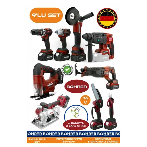 Böhrer Alman 9 Makine Kombo Set Ba01083k 6 Akülü 2 Şarjlı Kömürsüz V598 5ah Profesyonel - Red Kirmizi - Görsel 3