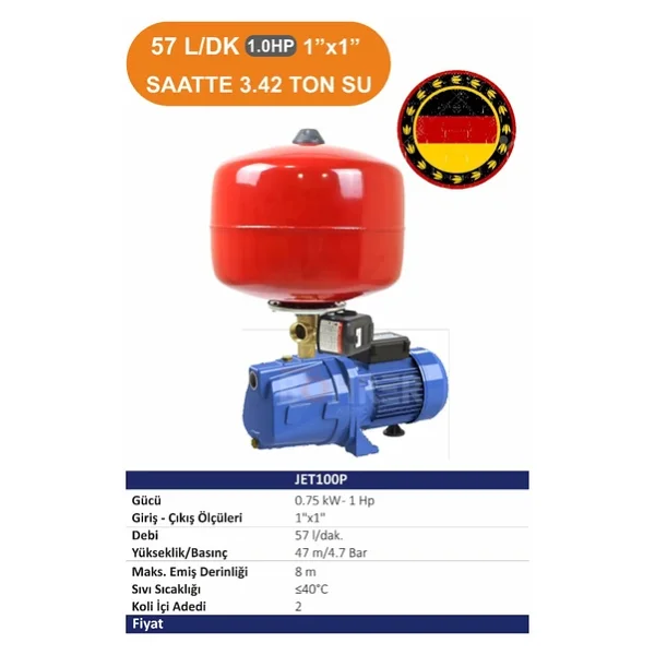 Böhrer 3 Kat 3 Daire Jet100p 750w 1 Hp 24 L Italyan Tiptomatik Aç Kapa Hidrofor Tank Set - Görsel 4