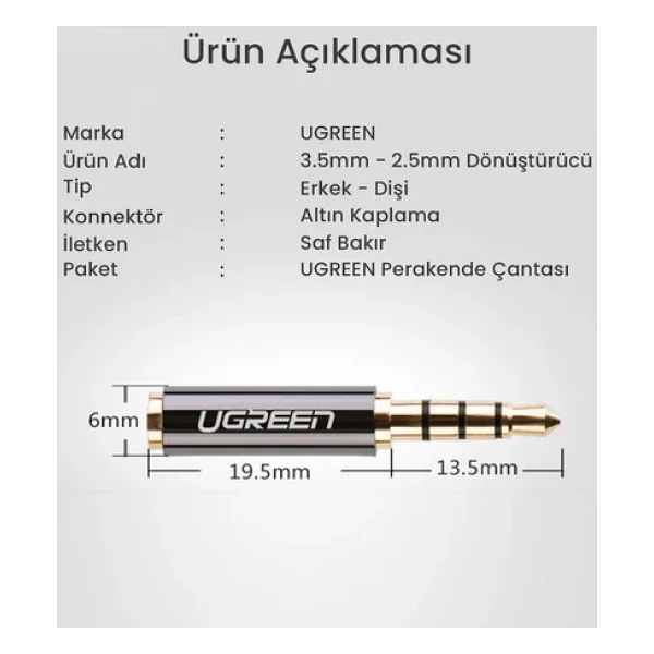 Ugreen 2.5mm Erkek To 3.5mm Dişi Jack Dönüştürücü - Görsel 8