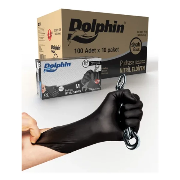 Dolphin Siyah Nitril Eldiven Pudrasız Ekstra Kalın (M) 10 Pk X 100adet - Görsel 3