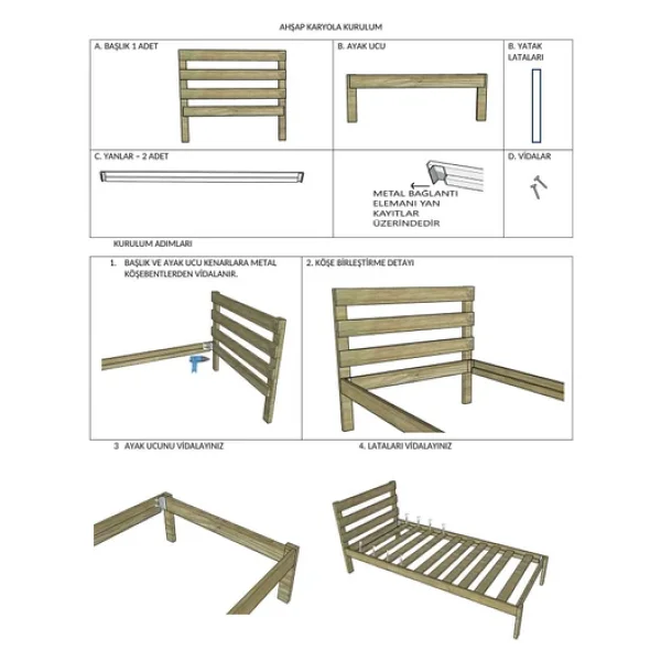 Pinoxi Masif Ahşap Karyola 90cm X 190cm Doğal Ahşap Natural Başlıklı - Görsel 5