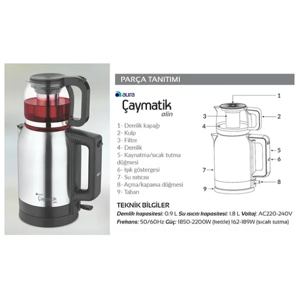 İhlas Aura Alin Cam Demlikli 2200 W Çay Makinesi - Görsel 4