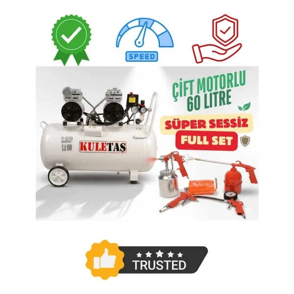 Kuletaş Kompresör Çift Motorlu 60 Litre Süper Sessiz Yağsız - Full Set - 3 Yıl Garanti - Görsel 5