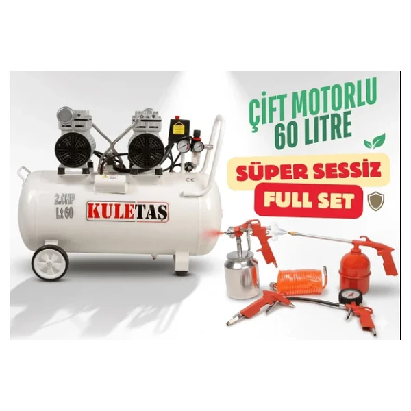 Kuletaş Kompresör Çift Motorlu 60 Litre Süper Sessiz Yağsız - Full Set - 3 Yıl Garanti - Görsel 4