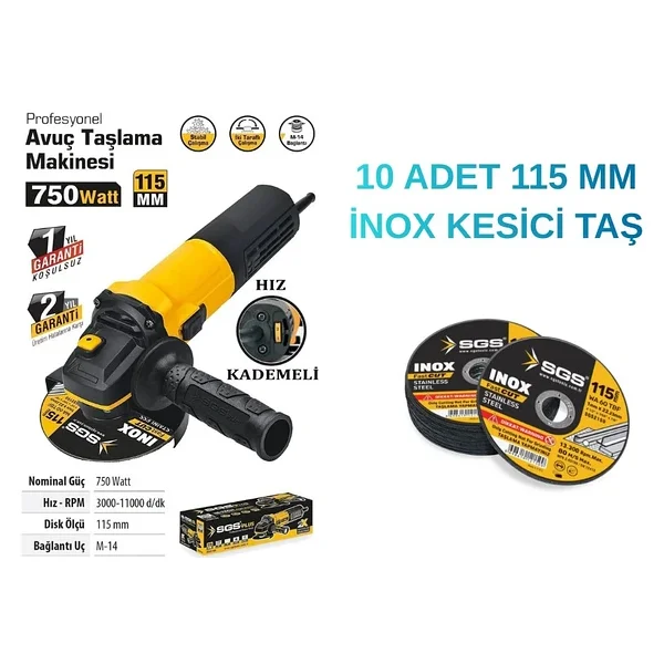 Sgs 5111 Avuç Taşlama 115 Mm 750 Watt Devir Ayarlı + Sgs İnox 115 Mm Kesici Taş 10 Adet - Görsel 4