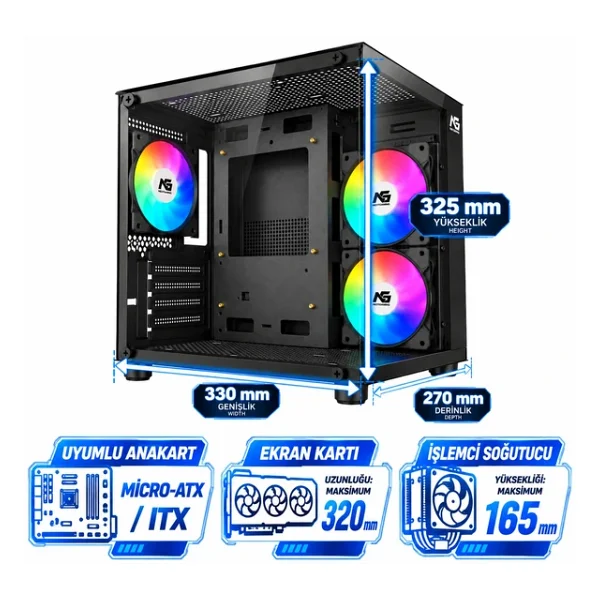 Next Gaming Orion Cube 3X RGB Fanlı Siyah Micro ATX Oyuncu Kasası - Görsel 3