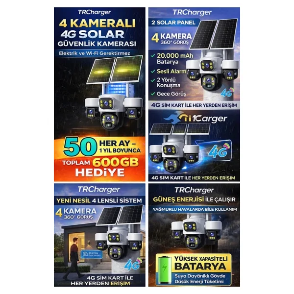 Trcharger 4 Kameralı 12mp 4g Solar Ptz Güvenlik Kamerası 3 Motorlu 7/24 Kayıt 1 Yıl Her Ay 50gb Hediye - Görsel 5