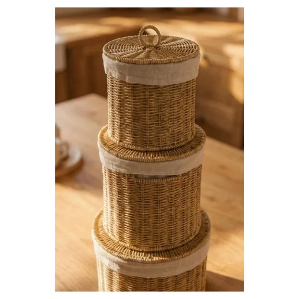 Rattan 3'lü Kapaklı Bezli Hasır Sepet Seti - Patates Soğan Ve Ekmek Saklama Kabı - Görsel 4