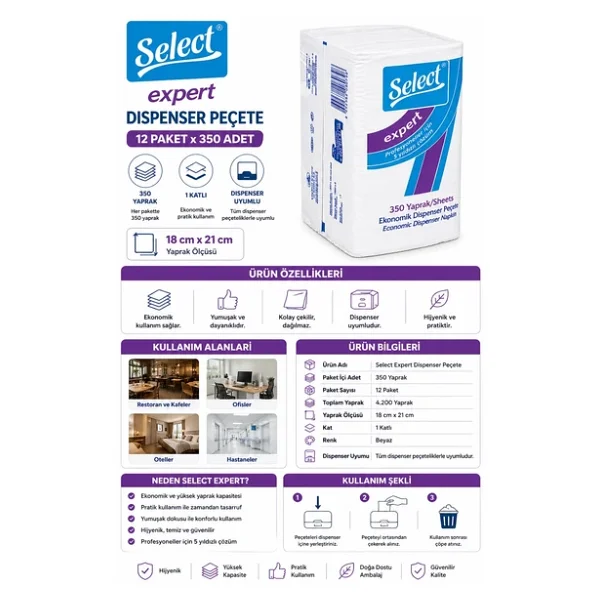 Select Expert Dispenser Peçete 12 Paket 350'li 18 Cm X 21 Cm - Görsel 3