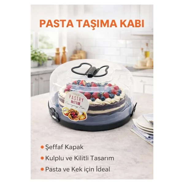 Primeaks Kapaklı Kek Fanusu 26 Cm - Pasta Ve Kek Taşıma Kabı, Şeffaf Koruyucu Kapak - Görsel 2