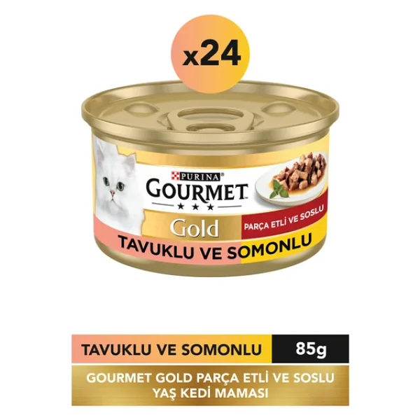 Gourmet Parça Etli Soslu Somonlu Ve Tavuklu 85 Gr 24'lü Yetişkin Konserve Kedi Maması - Görsel 4
