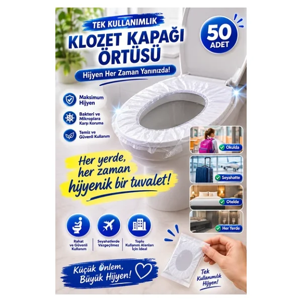 Hijyenik Tek Kullanımlık Klozet Kapağı Poşeti 50 Adet Seyahat Tipi Tuvalet Koruyucu Örtü - Görsel 3