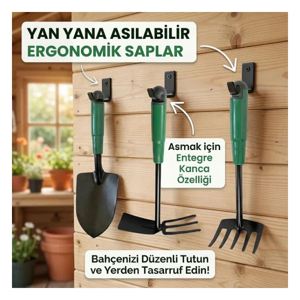 Çapa Tırmık Kürek 3'lü Set Metal Hobi Bahçe El Aletleri Saksı, Çiçek, Bitki Ve Toprak Kazma Seti - Görsel 2