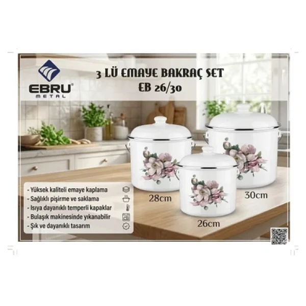 Ebru Metal Çiçek Desenli 3lü Büyük Boy Bakraç Yoğurt Bakliyat Kabı Seti 26-28-30 Cm - Görsel 2